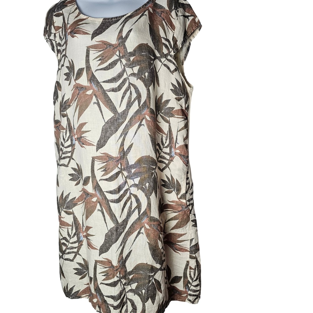 Lungo L'Arno Women 1X Beige Floral Linen Blend Cap Sleeve Dress Made in Italy